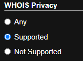 A screenshot of the WHOIS Privacy filter with 'supported