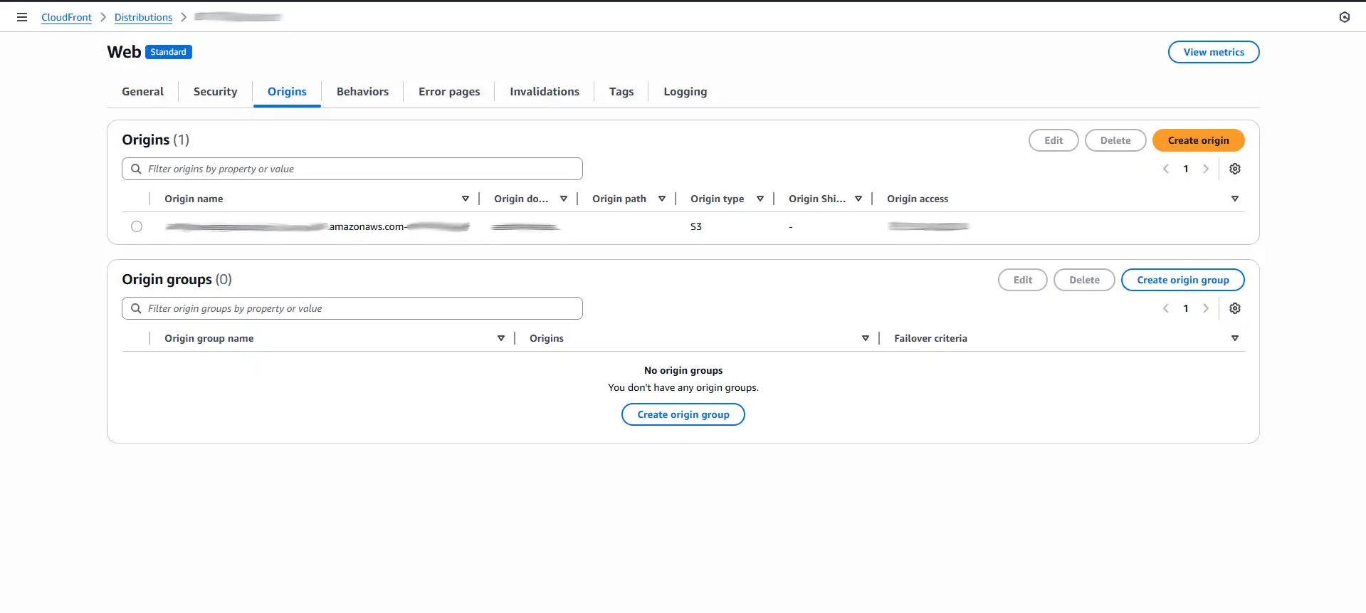 Cloudfront distibution origin tab